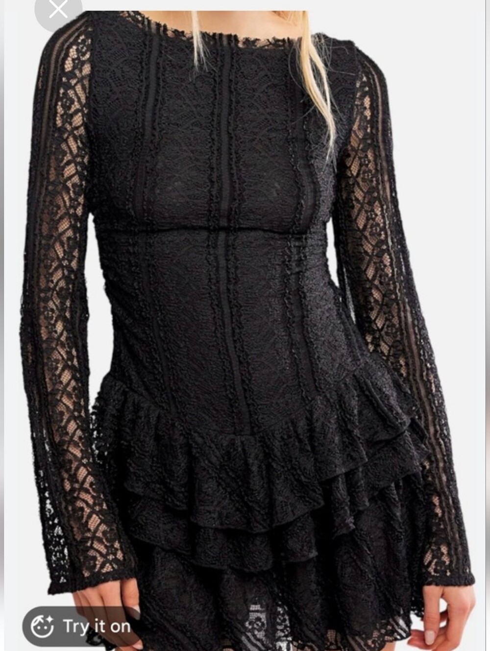 Free People Black Lace Long Sleeve Ruffle Mini Dress